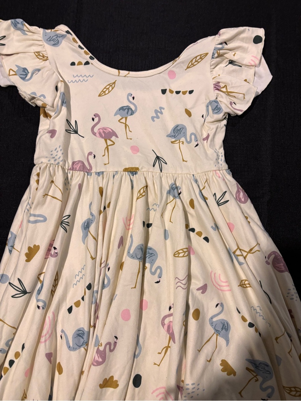Dot Dot Smile Cream Dress with Pink & Blue Flamingo Print and Gold Accents